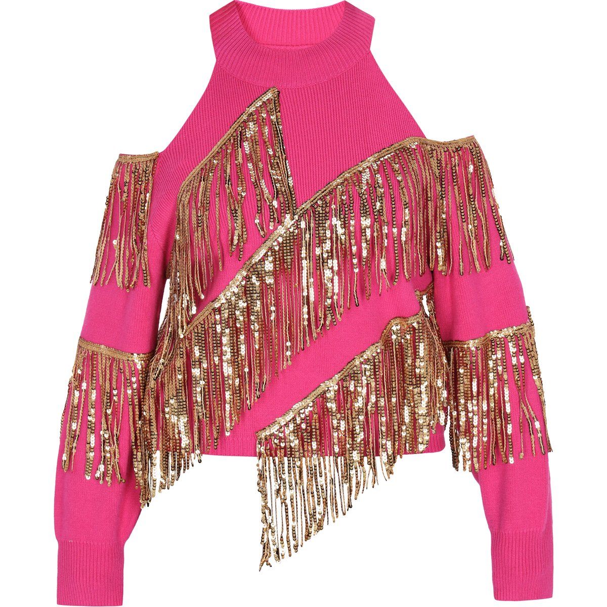 Cold-Shoulder-Strick mit Paillettenfransen