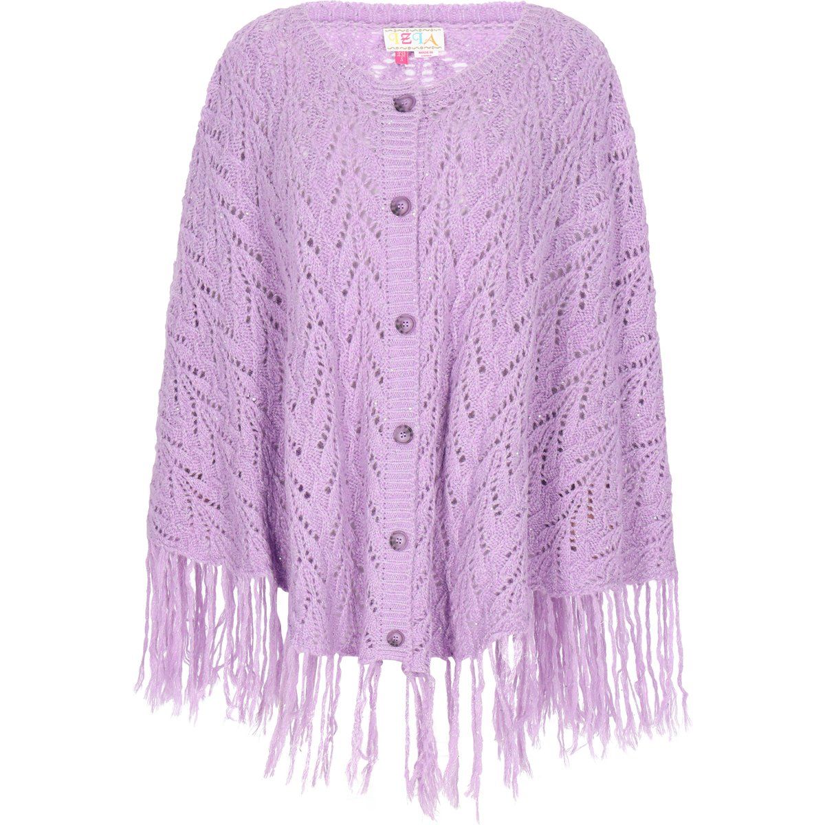 Geknöpfter Poncho mit Ajourmuster und Fransen