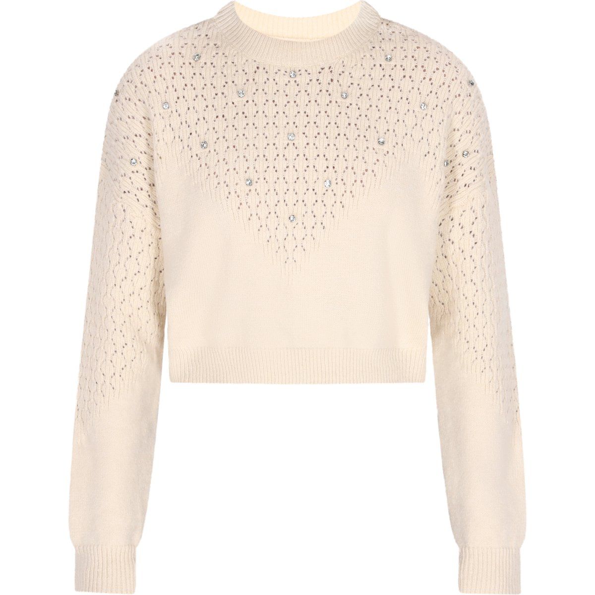 Verzierter kurz geschnittener Rundhalsstrickpullover