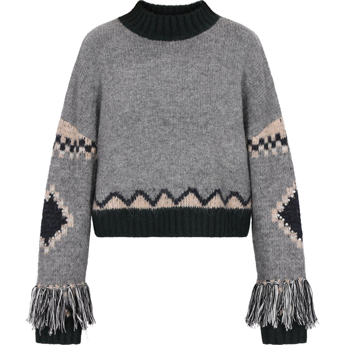Geometrischer Strickpullover mit Fransen