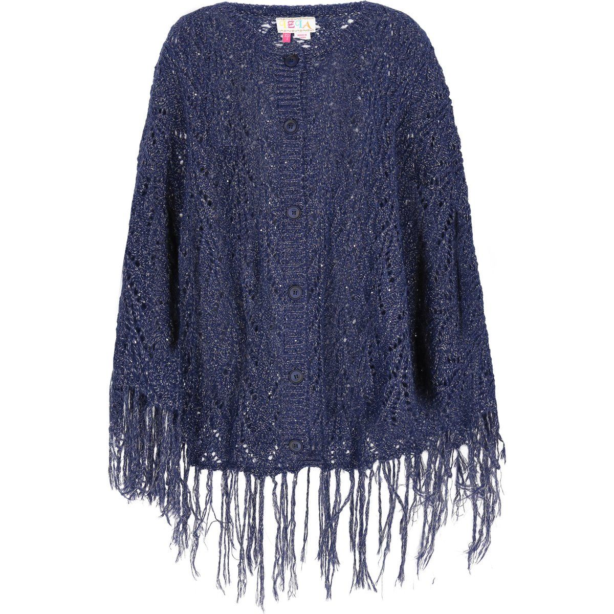 Funkelnder Ajour-Strickponcho mit Fransen