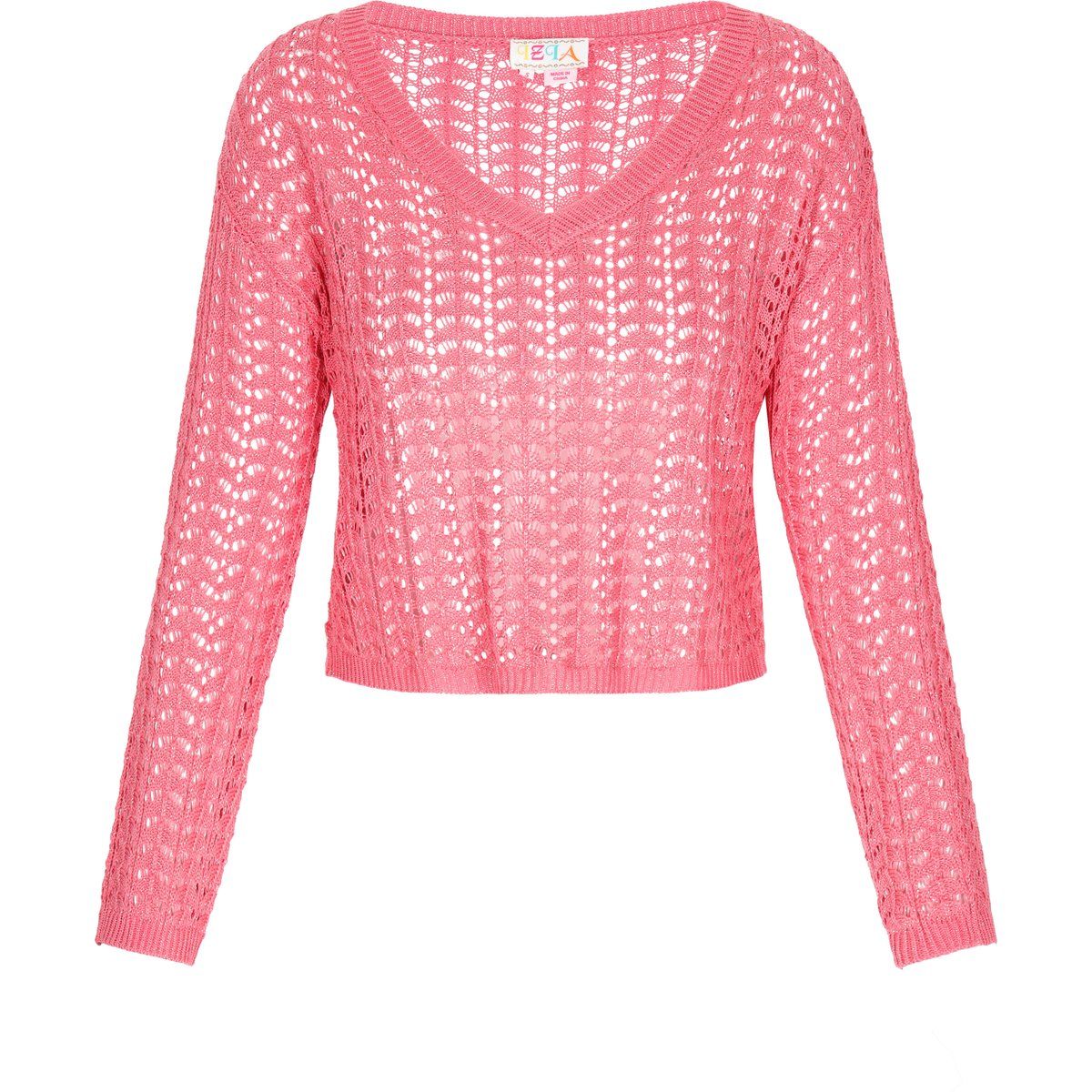 Kurzer Ajour-Strickpullover mit V-Ausschnitt