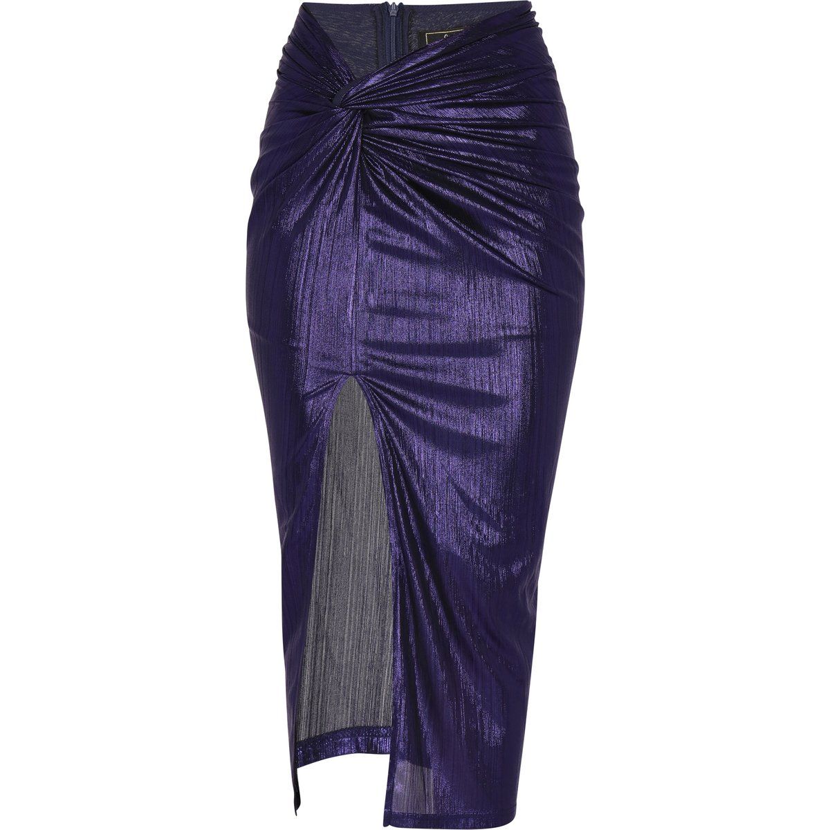 Hoch taillierter Metallic-Midirock mit Knotendetail