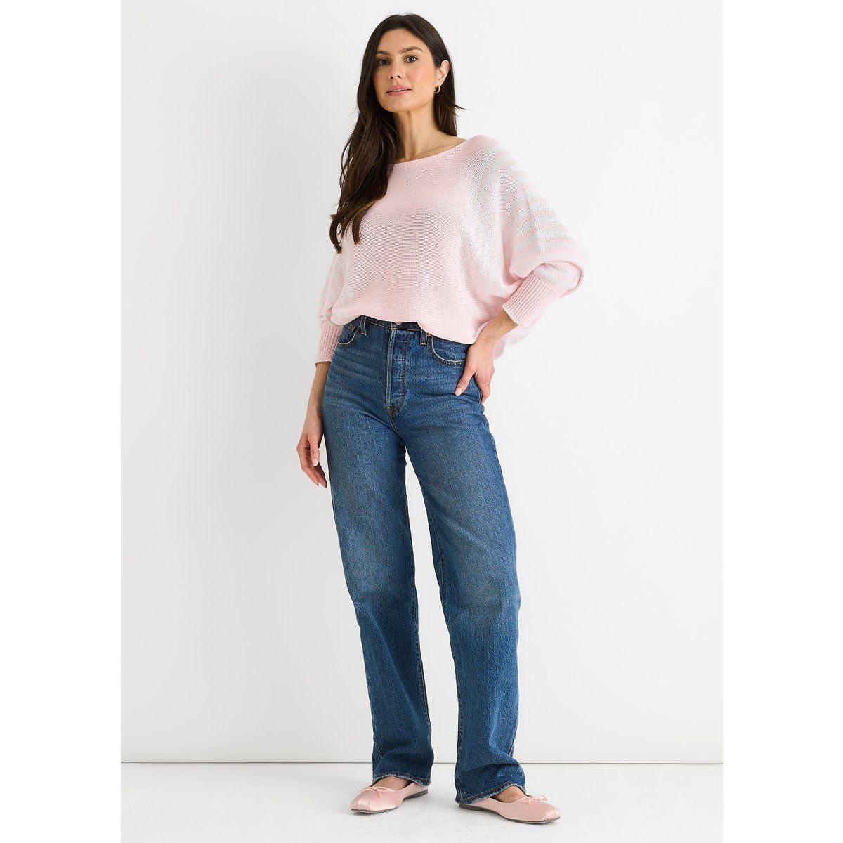 Lockerer Batwing-Baumwollpullover mit Streifen