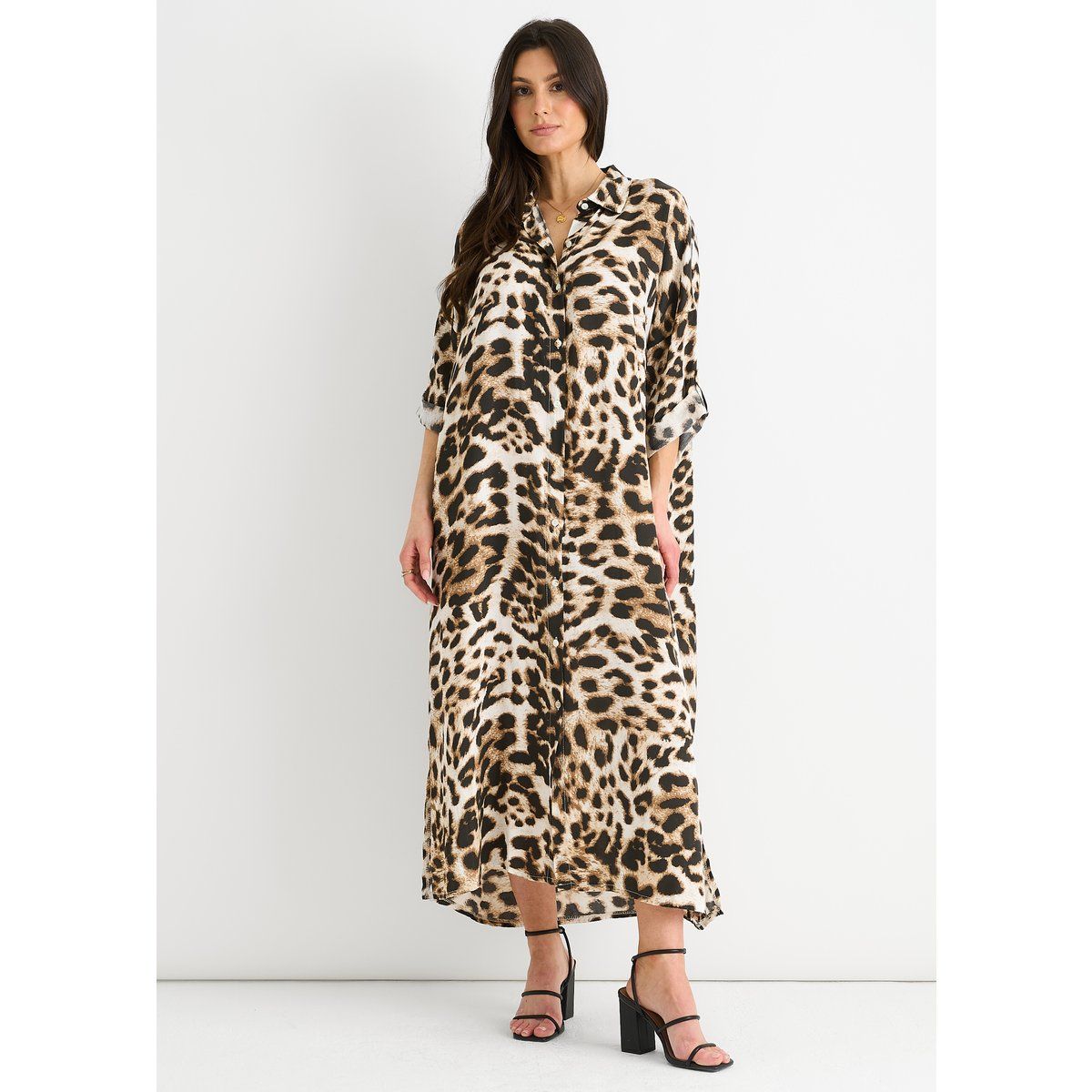 Midaxi-Hemdblusenkleid mit Leopardenmuster