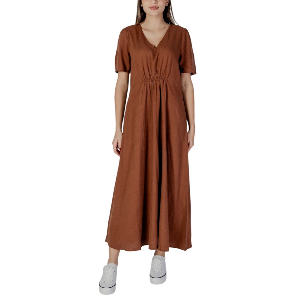 Luftiges V-Ausschnitt Leinen-Maxikleid