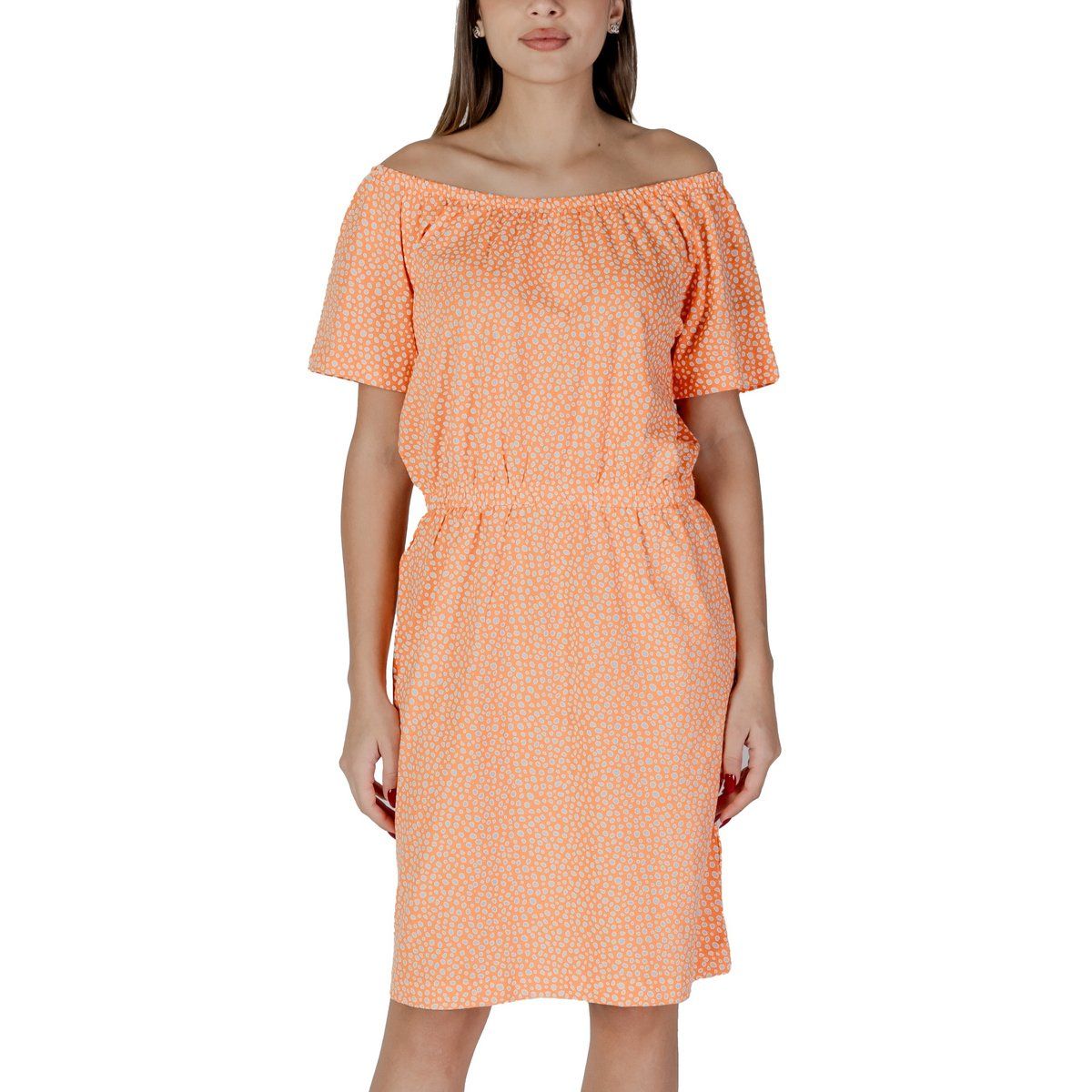 Schulterfreies Minikleid mit Punktemuster