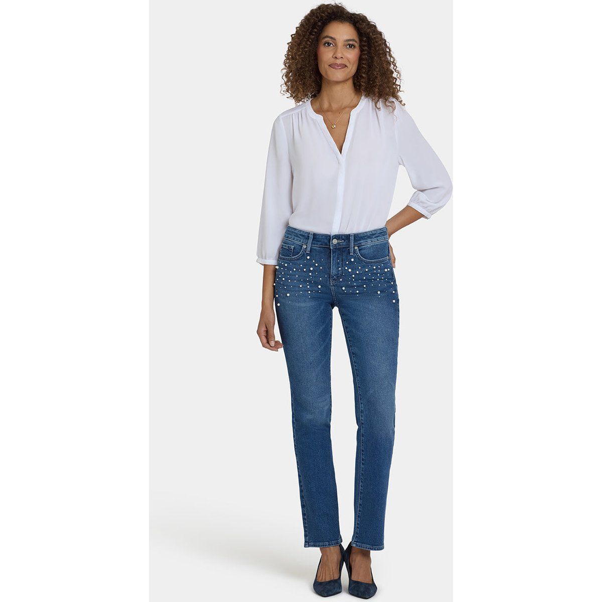 Gerade Jeans mit Perlenverzierung