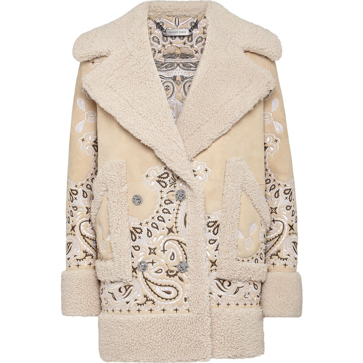 Lammfellmantel mit Paisley-Stickerei