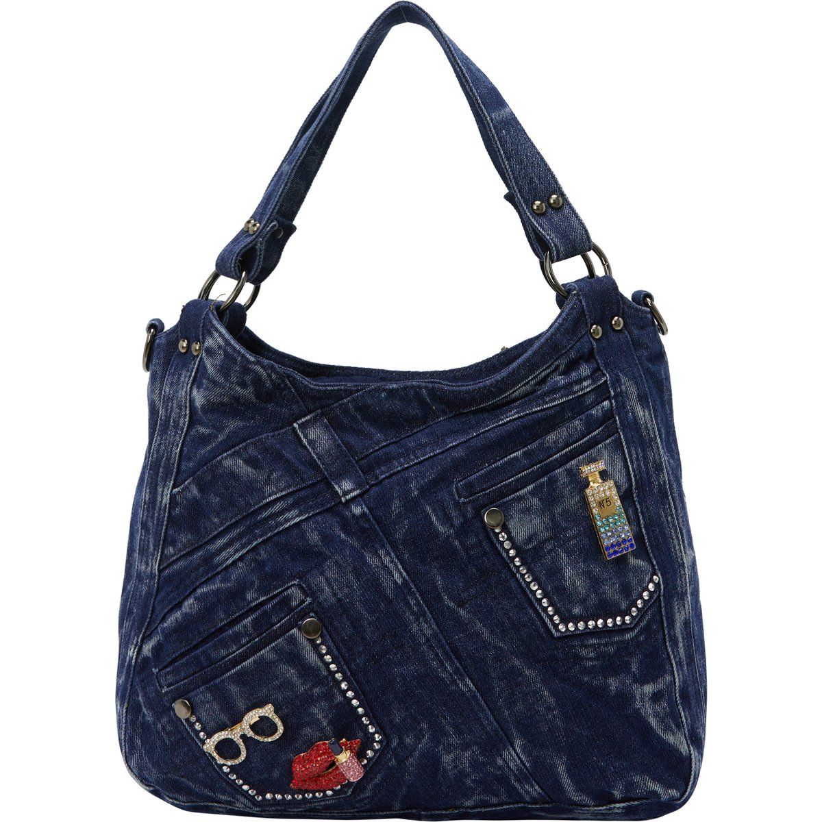 Verzierte Denim-Schultertasche im Acid-Wash-Look
