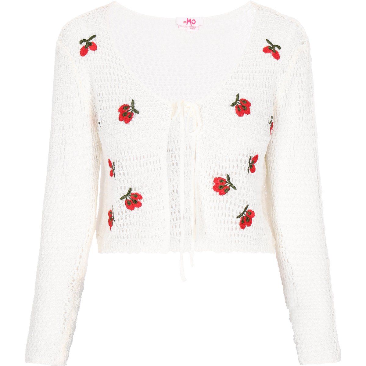 Kurze Pointelle-Strickjacke mit Kirsch-Stickerei