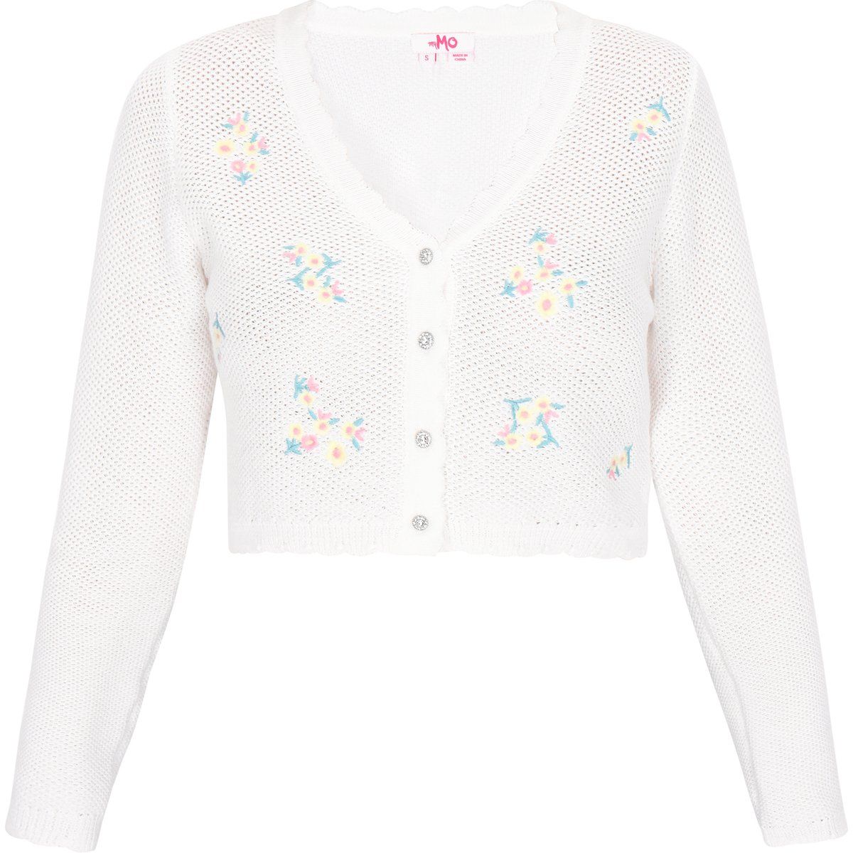 Kurze Strickjacke mit floraler Stickerei