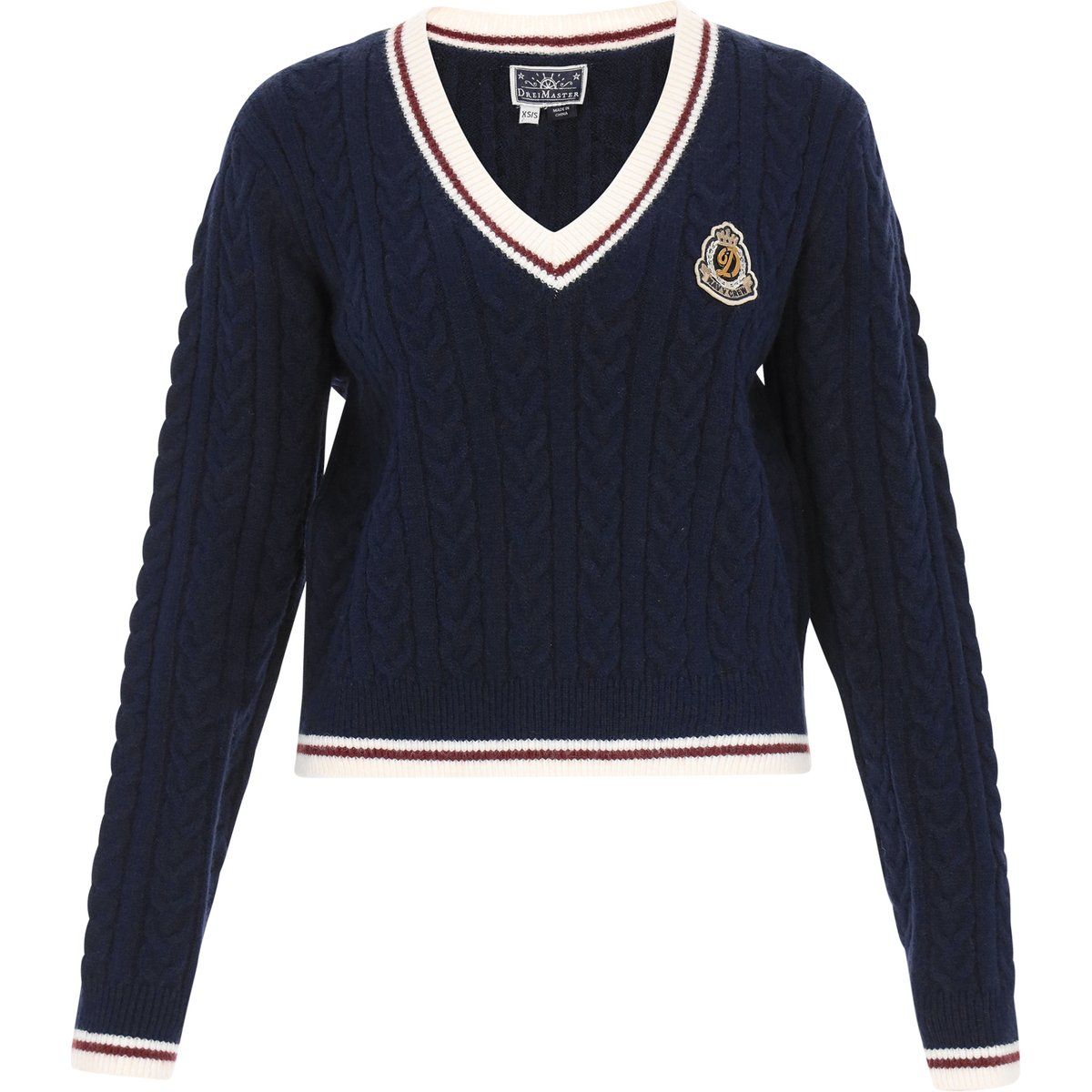 Zopfstrick-Pullover mit V-Ausschnitt im Preppy-Stil