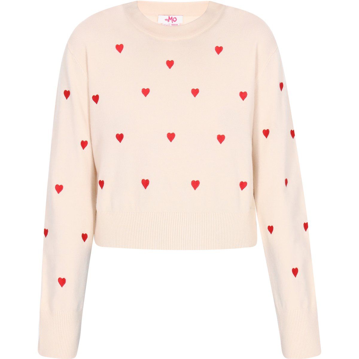 Herzbestickter Rundhals-Strickpullover