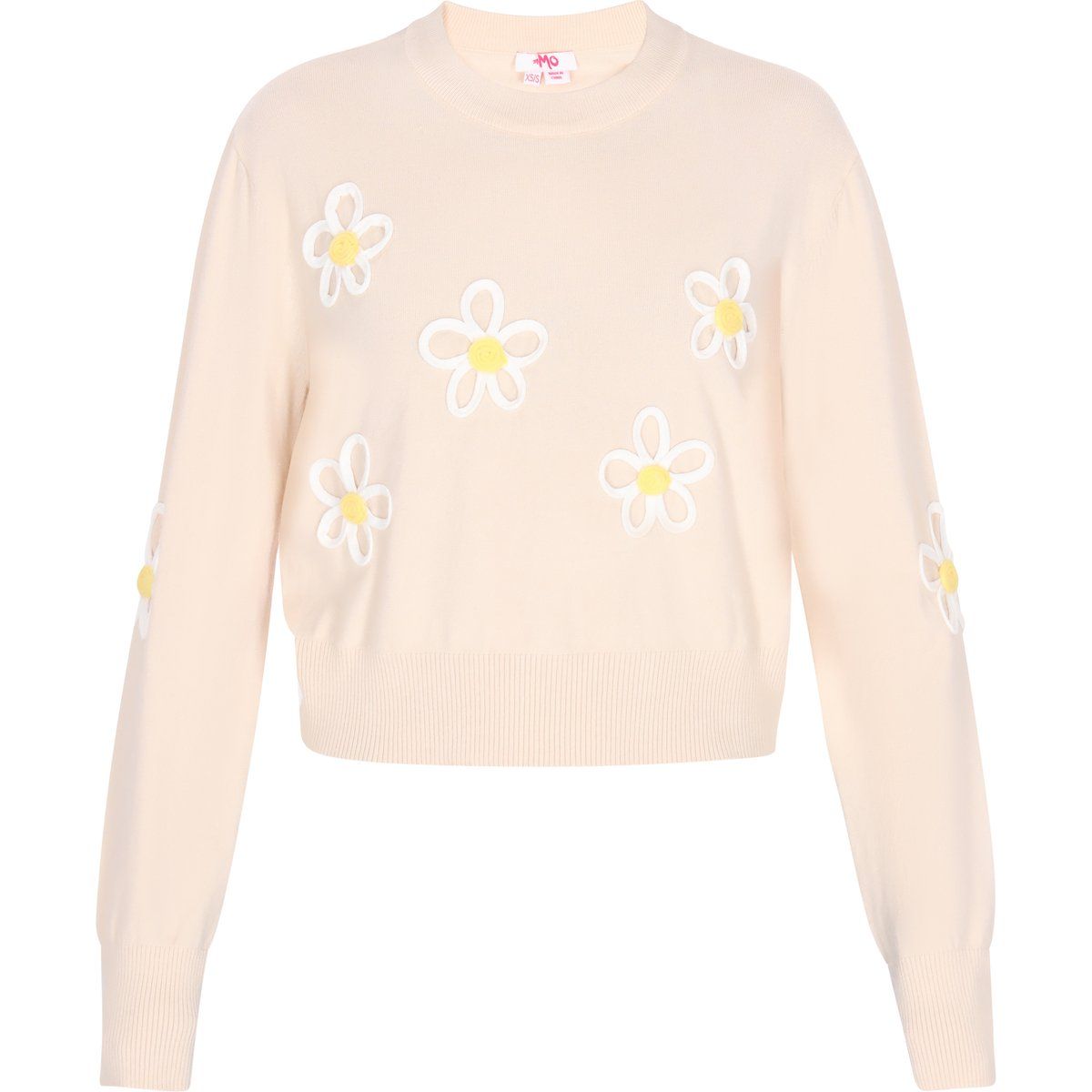 Kurzer Strickpullover mit Gänseblümchen-Applikationen