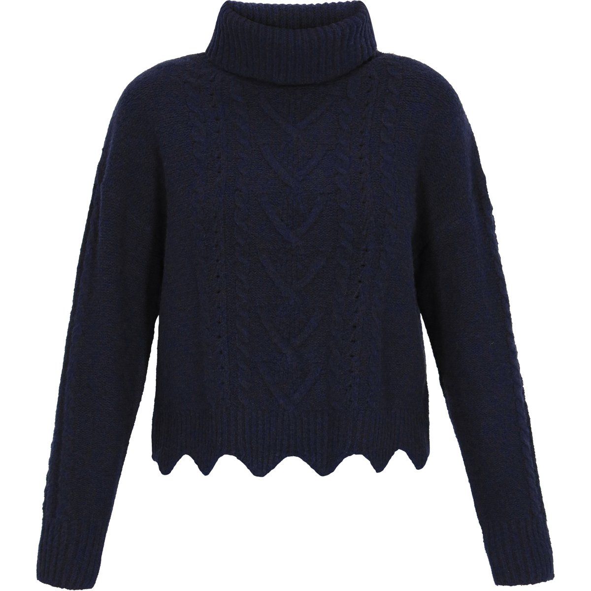 Rollkragenpullover mit Zopfmuster und Wellensaum