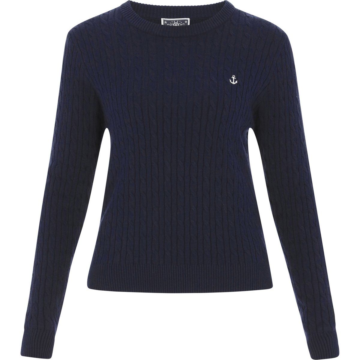 Zopfstrickpullover mit Rundhals und Stickerei