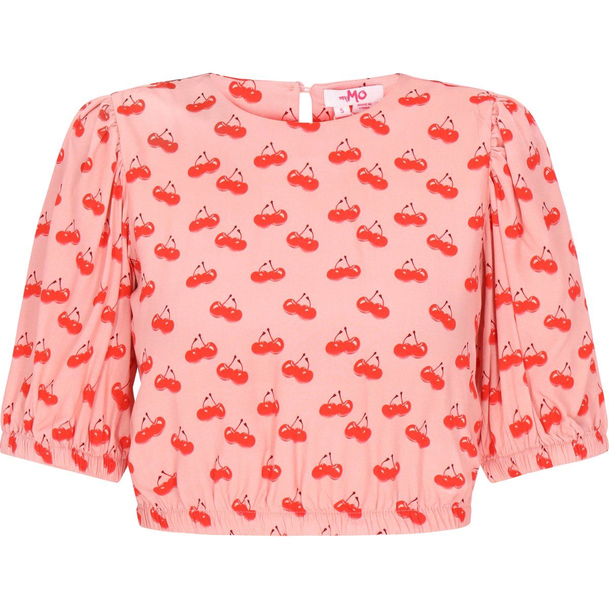 Kurzbluse mit Puffärmeln und Kirschprint