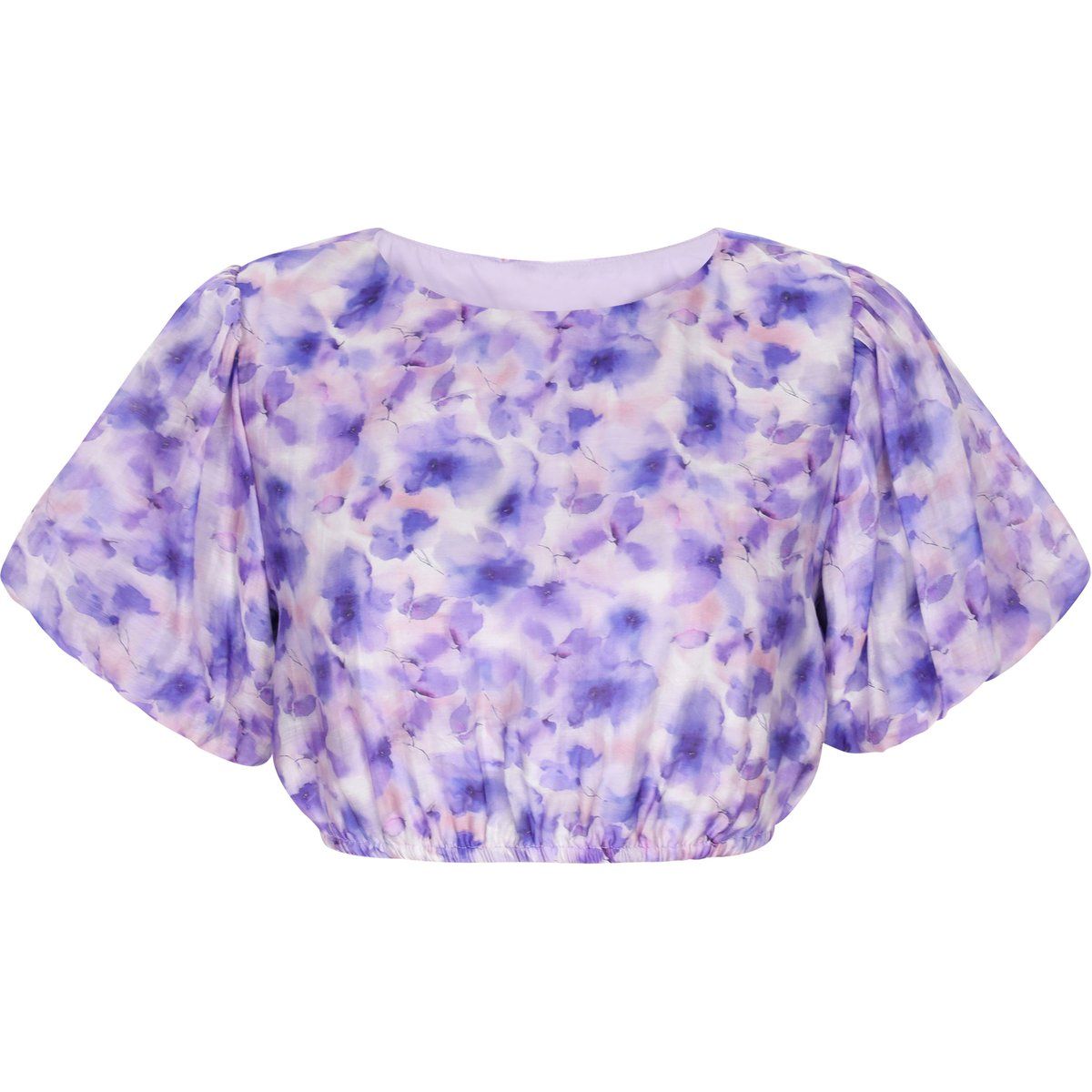 Kurze Chiffonbluse mit Blumenmuster und Puffärmeln