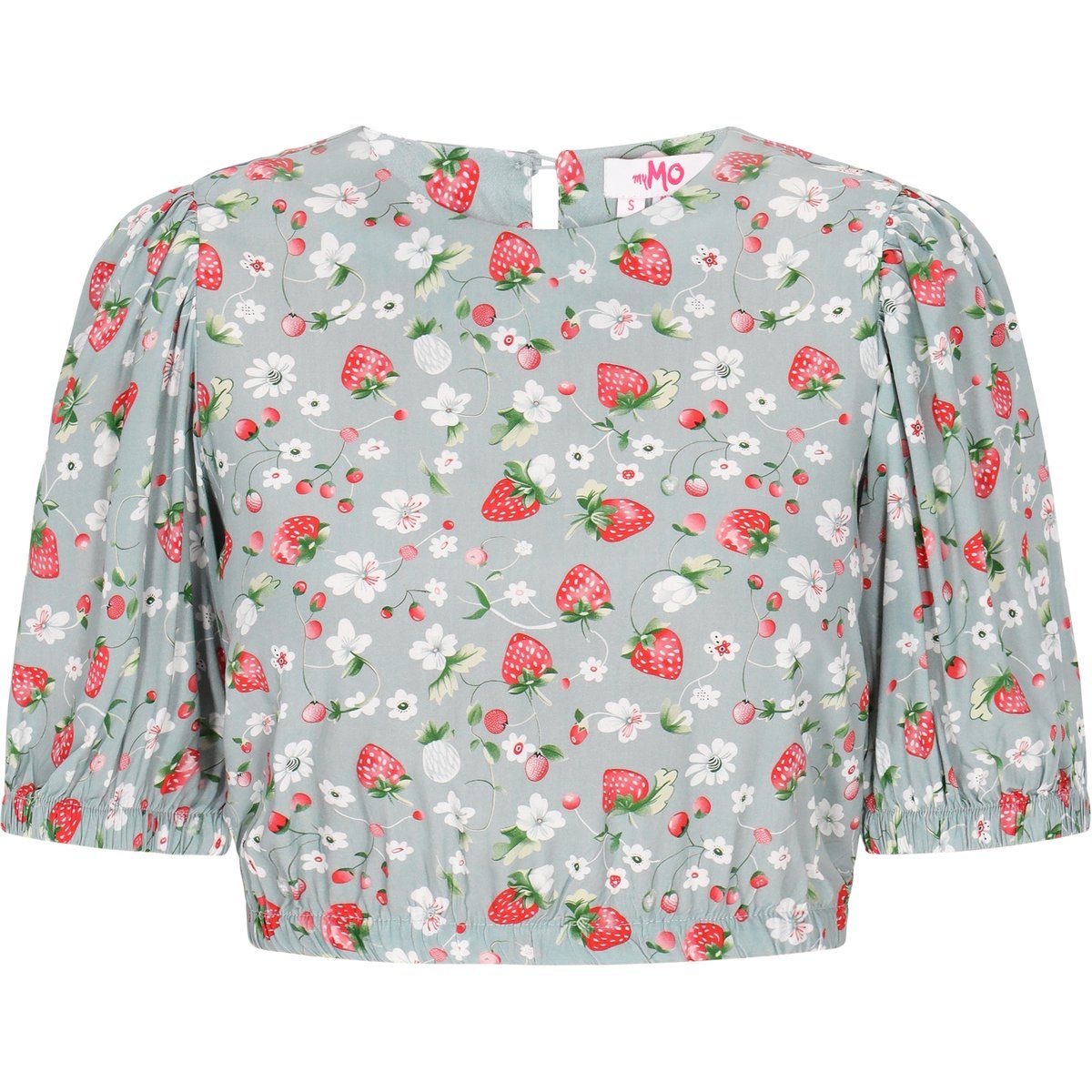 Kurzbluse mit Erdbeerprint und Puffärmeln