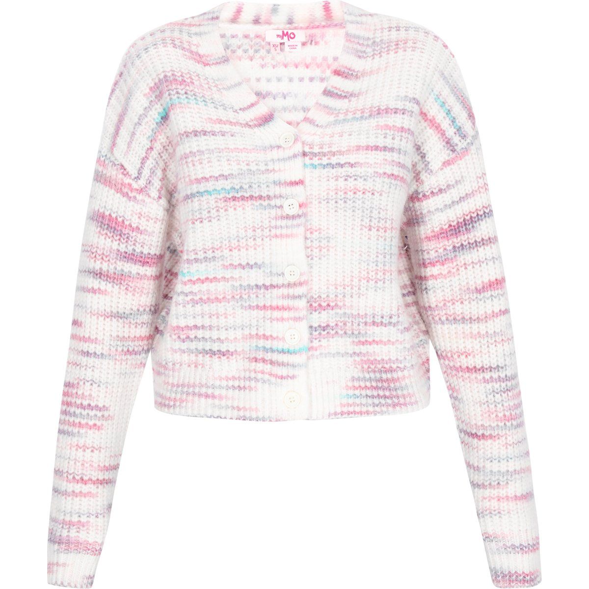 Locker geschnittene melierte Strickjacke mit V-Ausschnitt