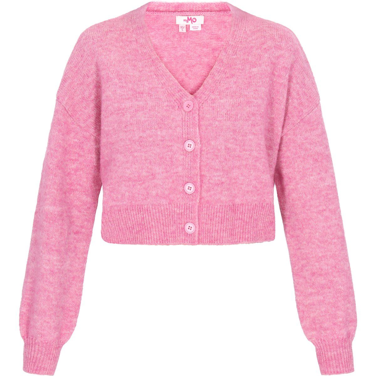 Kurze Melange-Strickjacke mit V-Ausschnitt