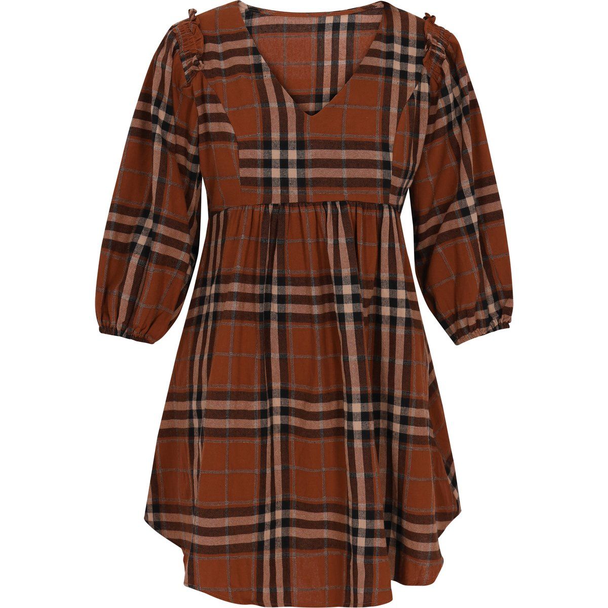 Kariertes Babydoll-Minikleid mit V-Ausschnitt