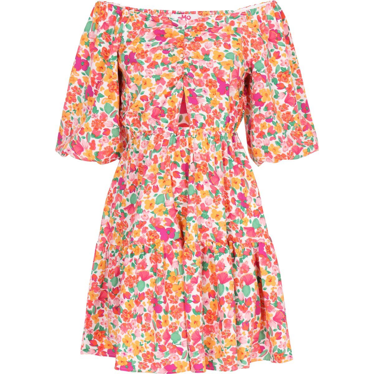 Schulterfreies Mini-Blumenkleid