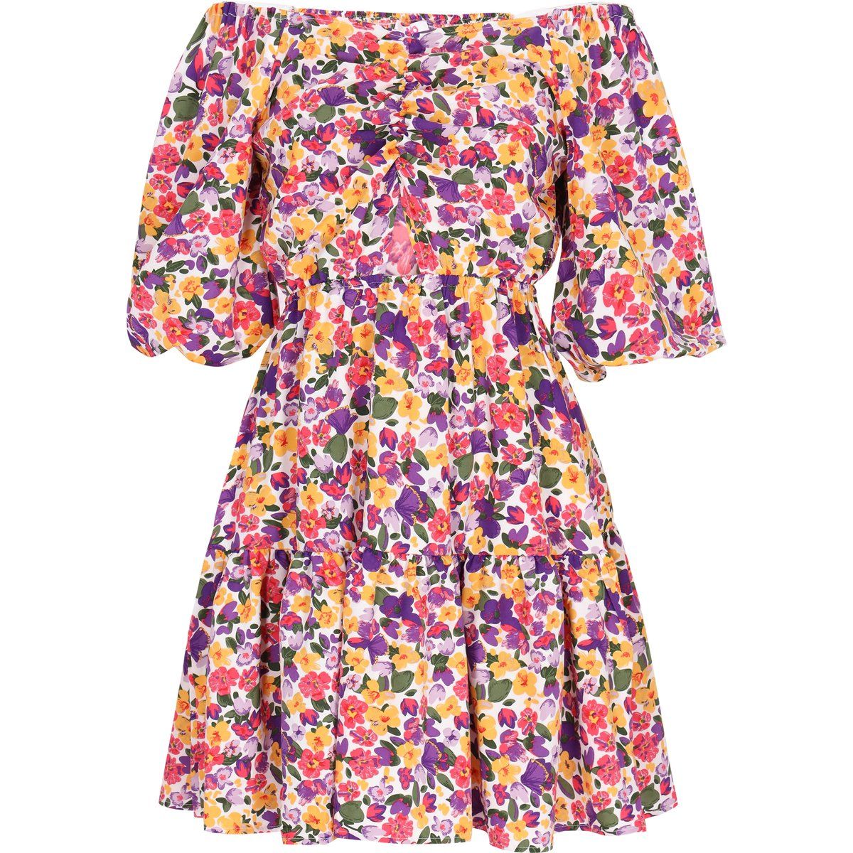 Schulterfreies Minikleid mit Blumenmuster