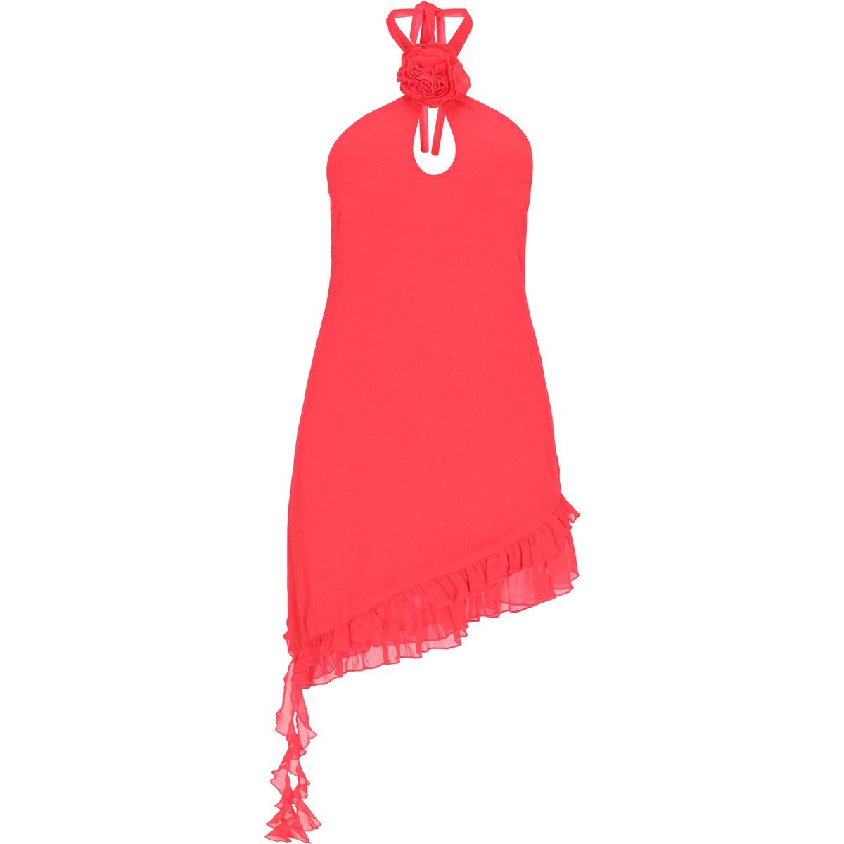 Asymmetrisches Neckholder-Minikleid mit Rosette