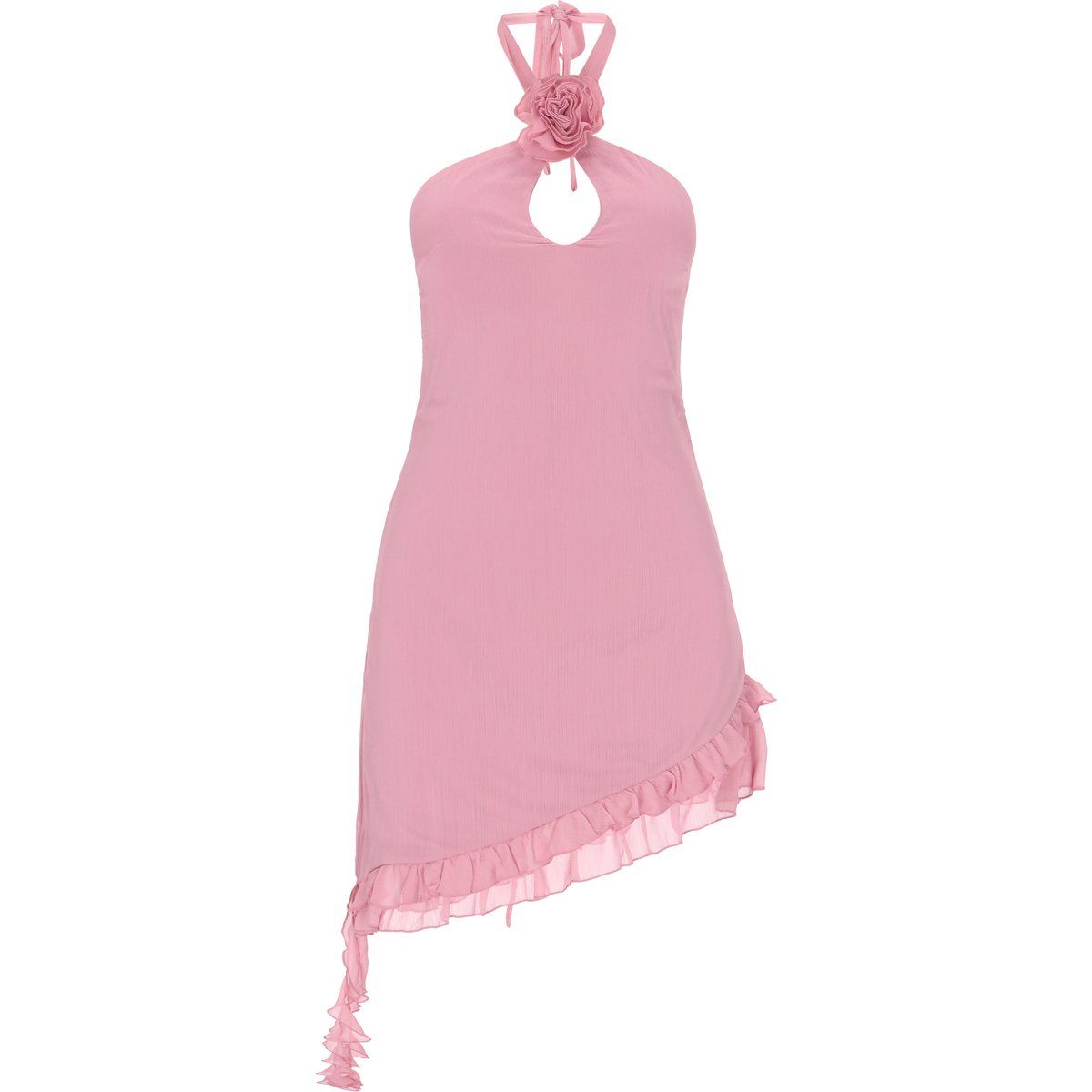 Asymmetrisches Halter-Minikleid mit Rosette
