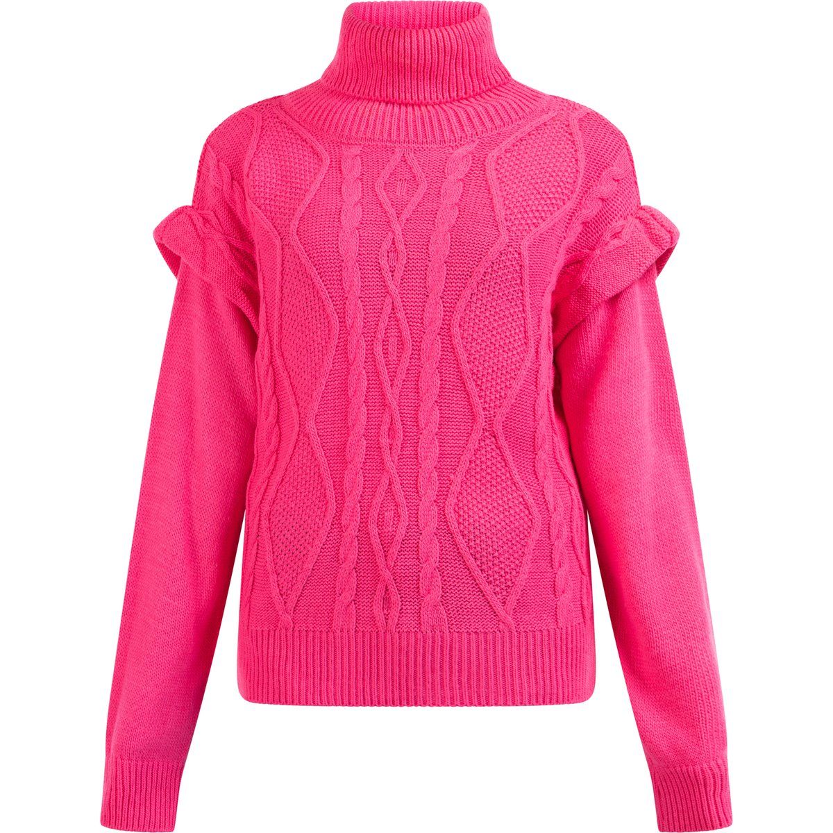Rollkragenpullover mit Rüschen und Zopfmuster