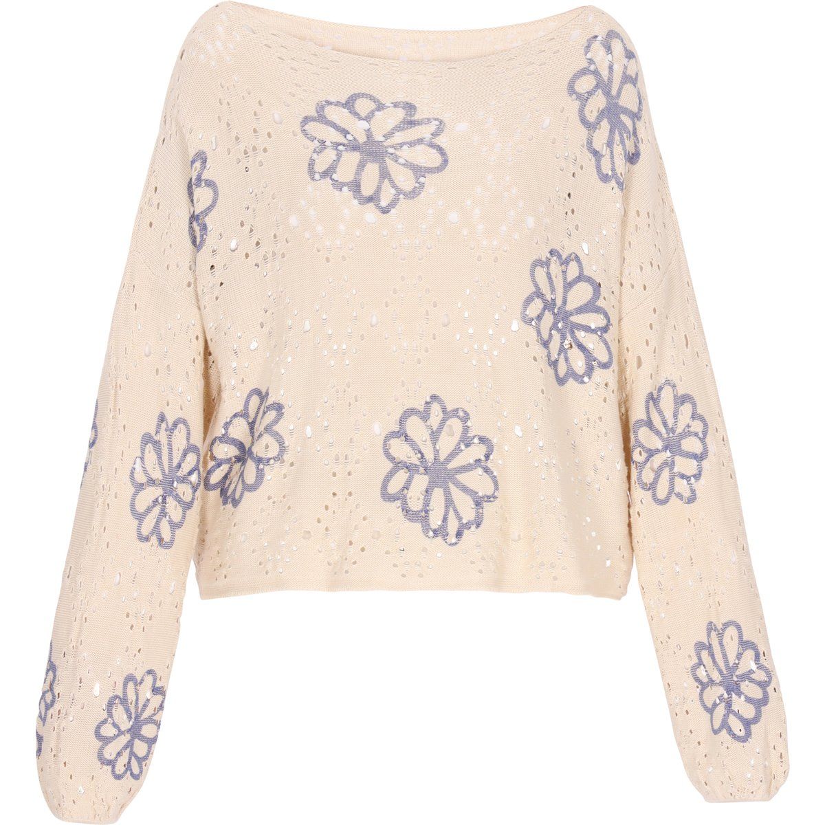 Lockerer Lochstrick-Pullover mit Blumenmuster