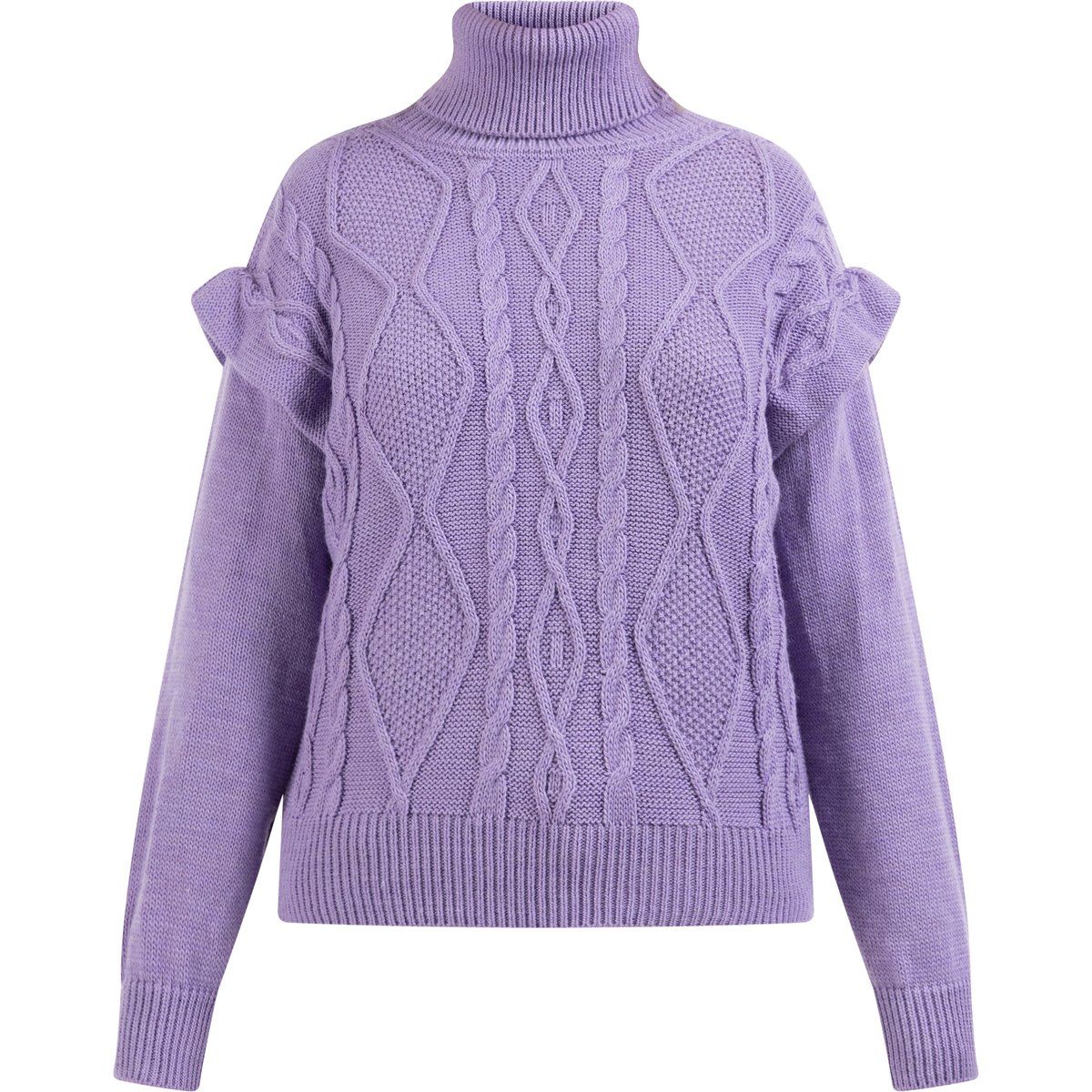 Zopfstrick-Rollkragenpullover mit Rüschen