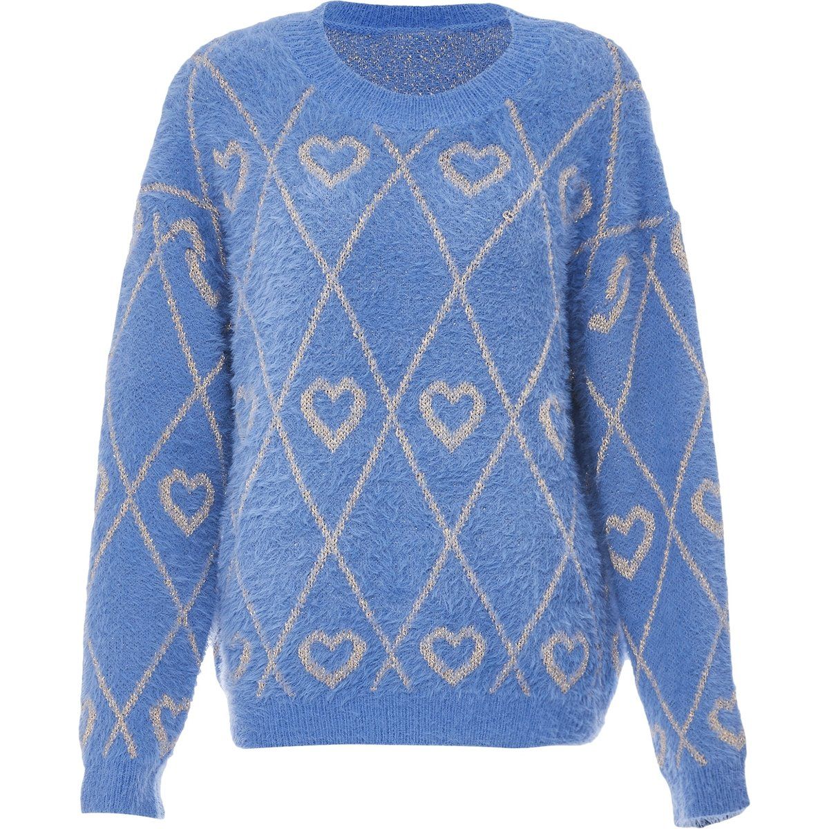 Flauschiger Rundhalspullover mit Metallic-Herzen