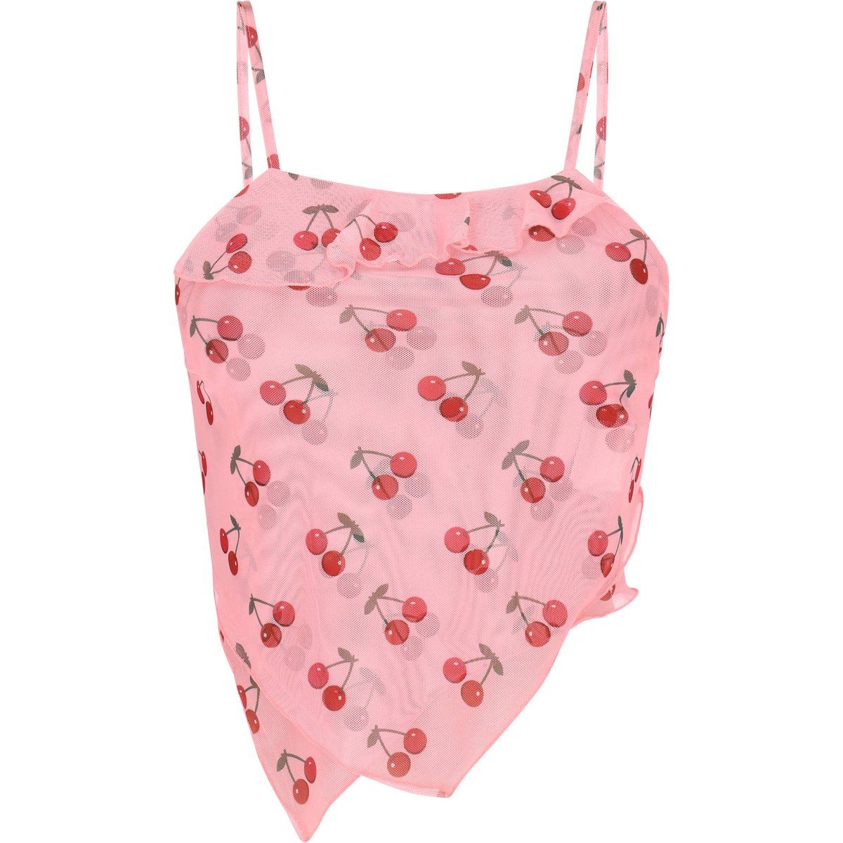 Asymmetrisches Mesh-Top mit Kirsch-Print