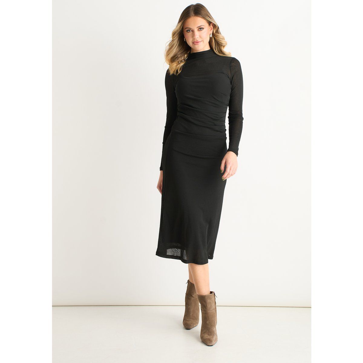 Gerafftes Jersey-Midikleid mit Langarm