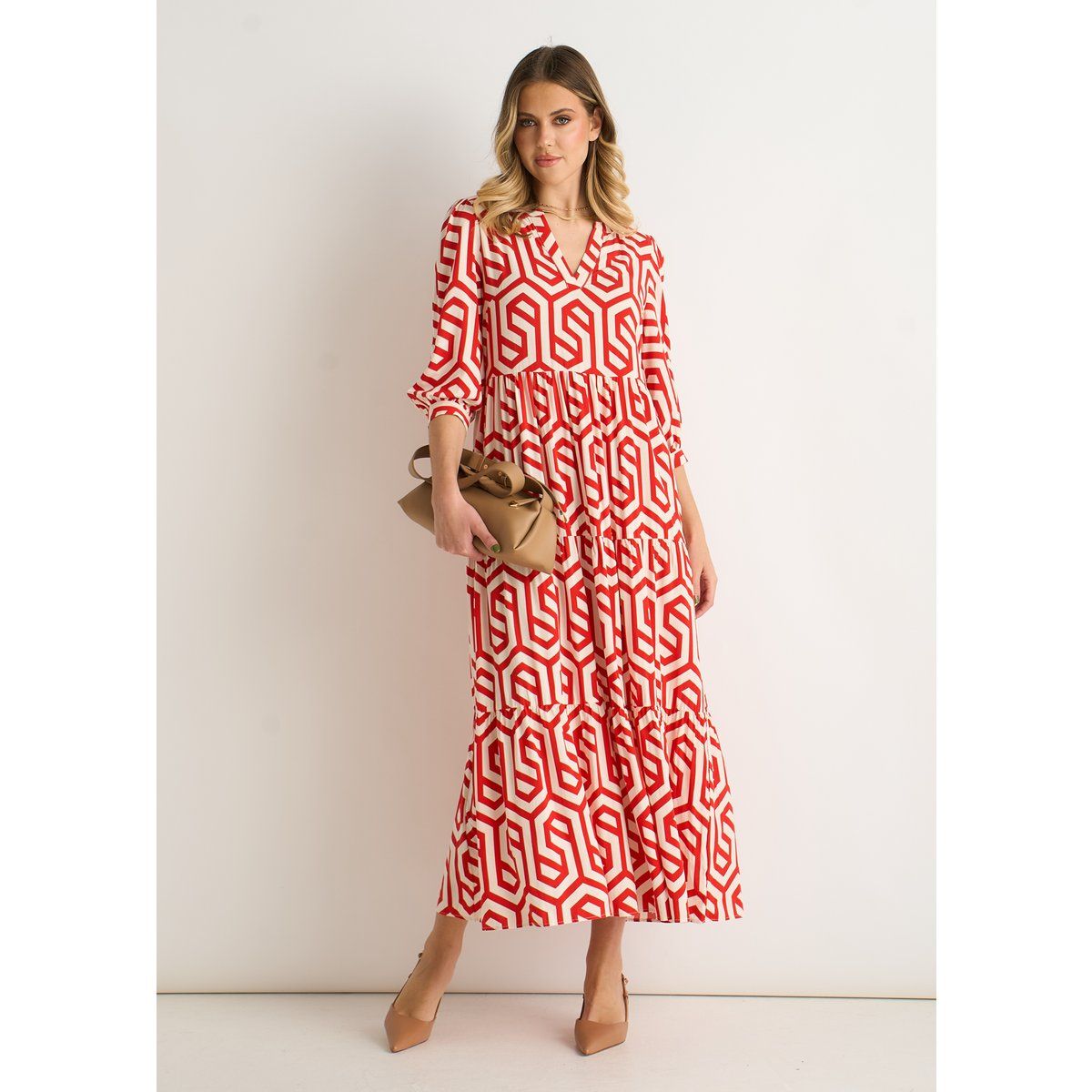 Gestuftes Smock-Maxikleid mit Geoprint