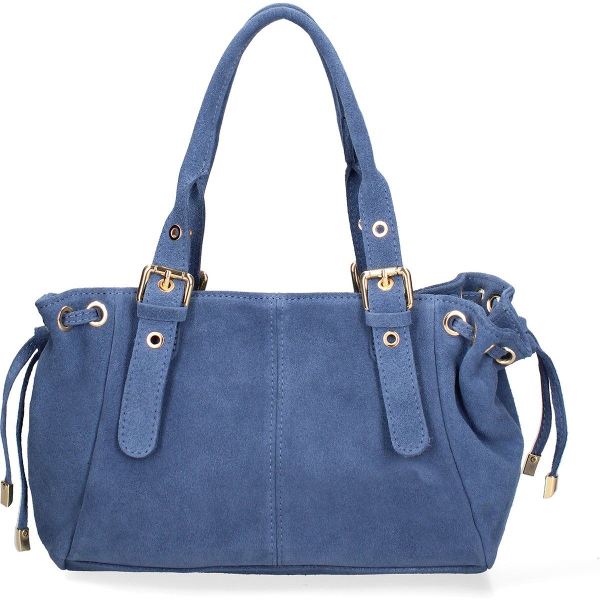 Wildleder-Handtasche mit Kordelzug und Schnallen