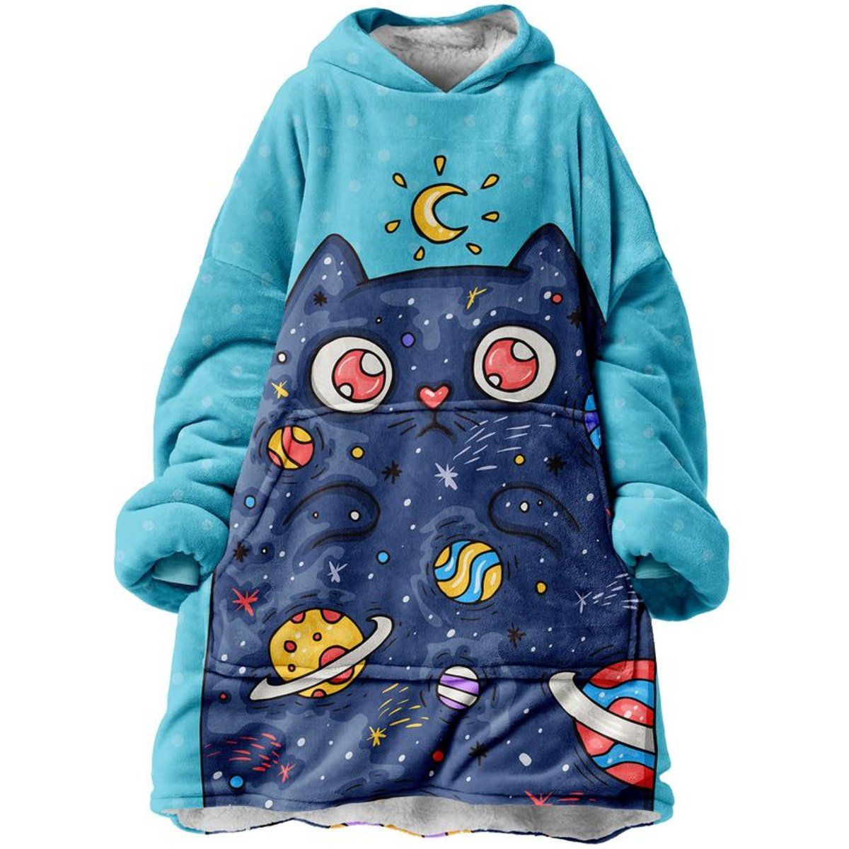 Oversize Weltraumkatzen-Hoodie mit Fleece