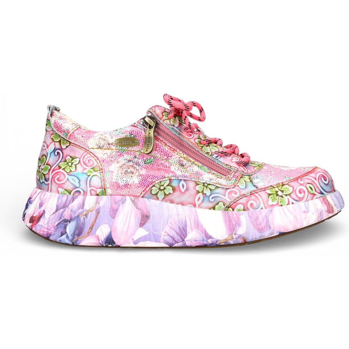 Leder-Plateau-Sneaker mit Blumenmuster