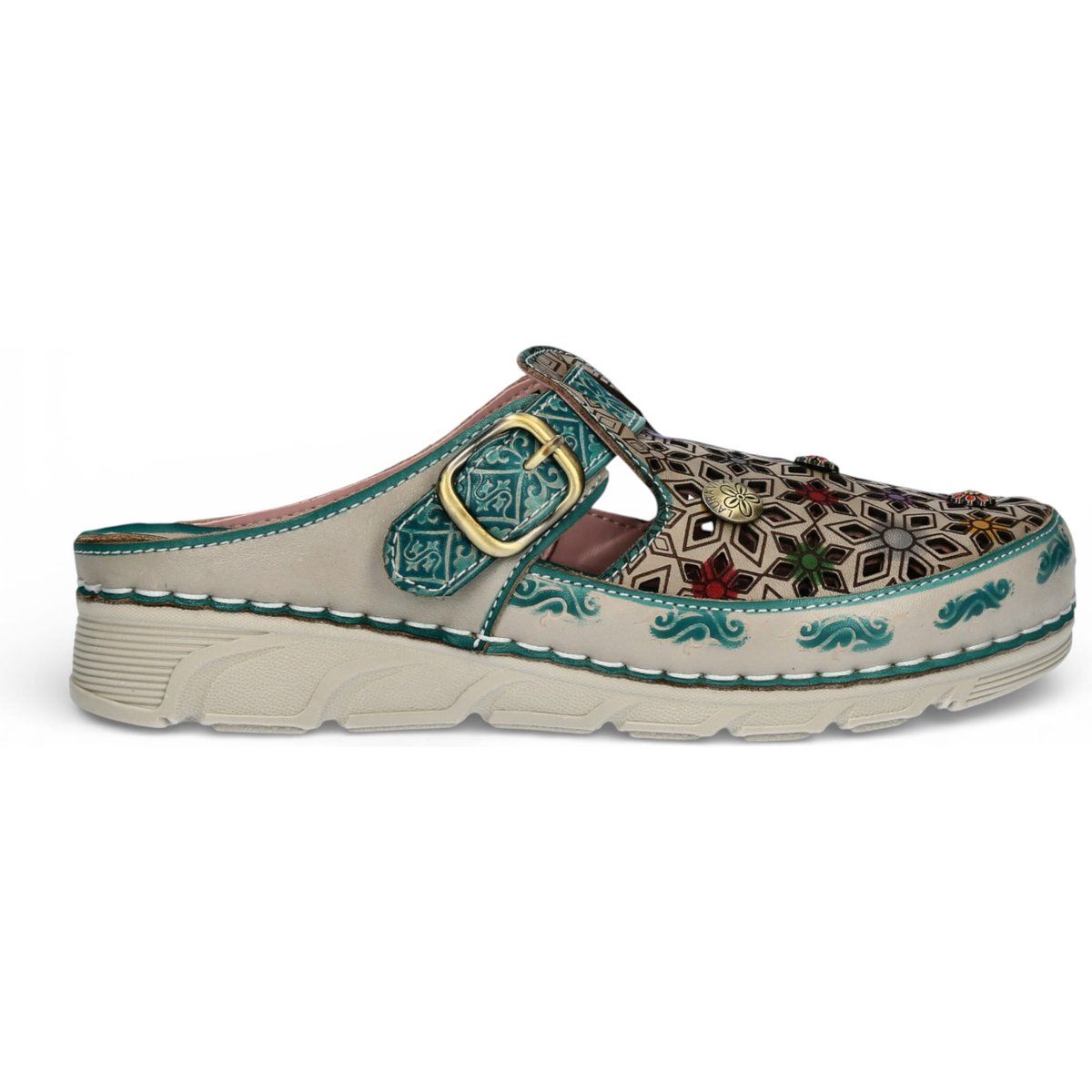 Florale Leder-Clogs mit Keilabsatz