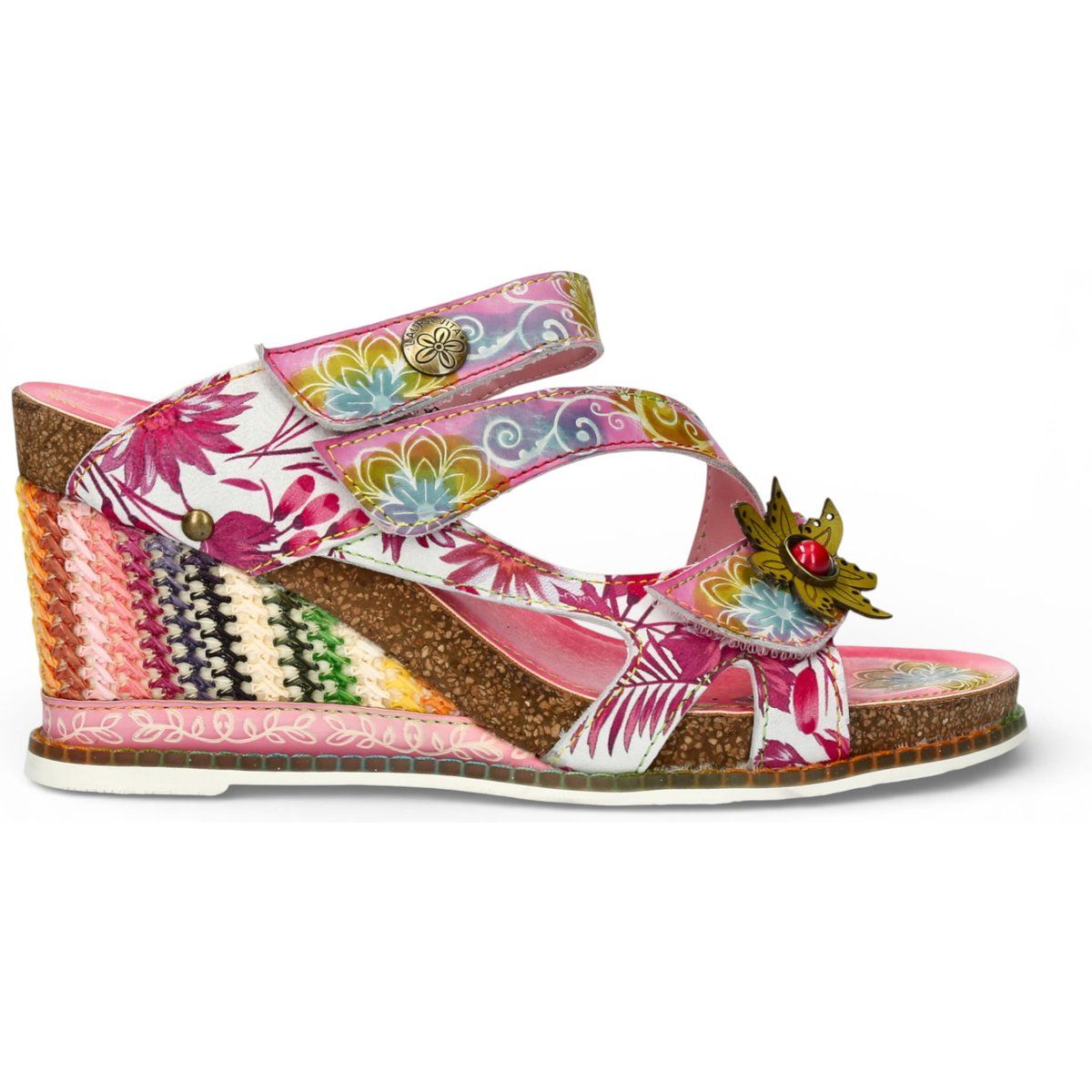Leder-Keilsandalen mit Blumenmuster