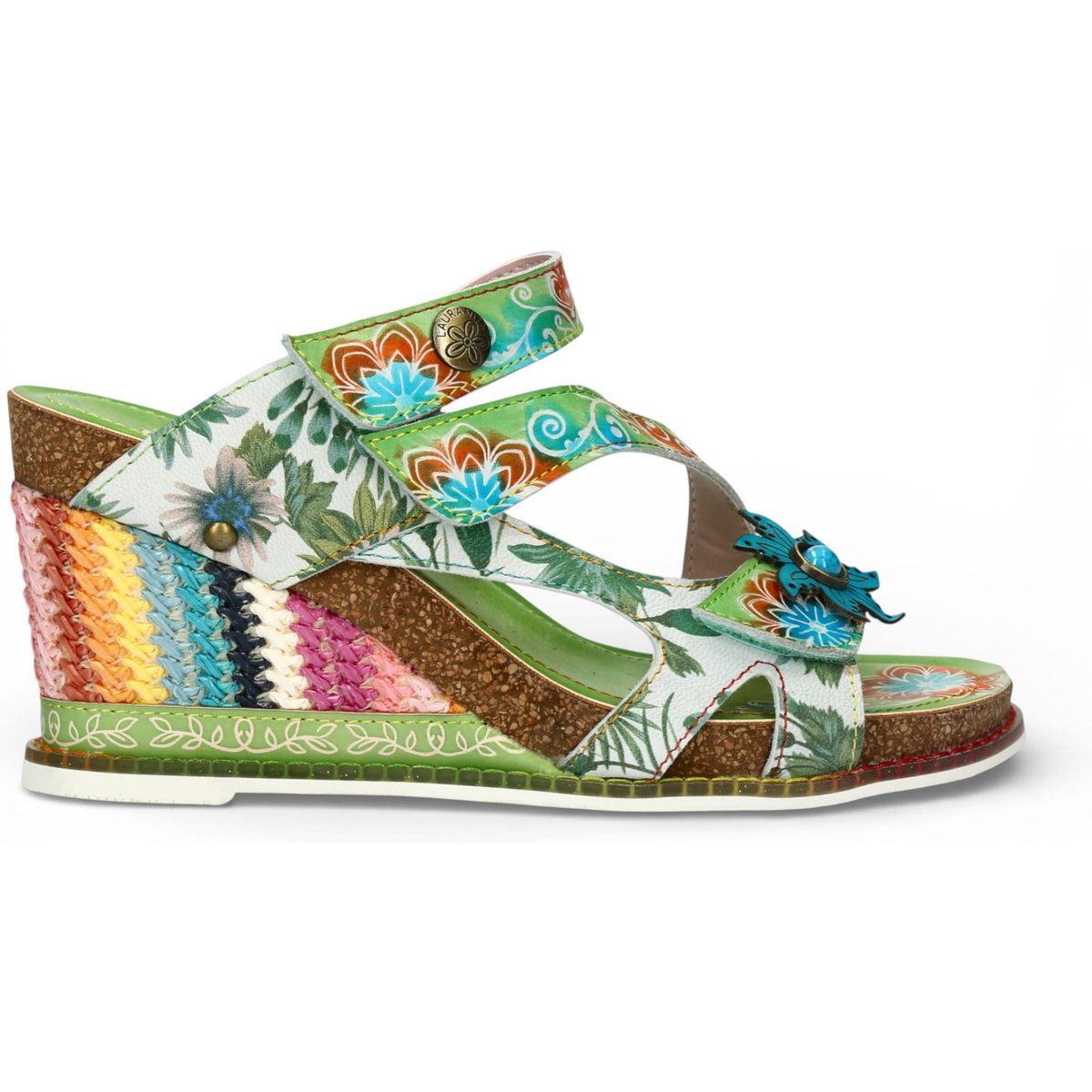 Leder-Keilsandalen mit Blumenmuster