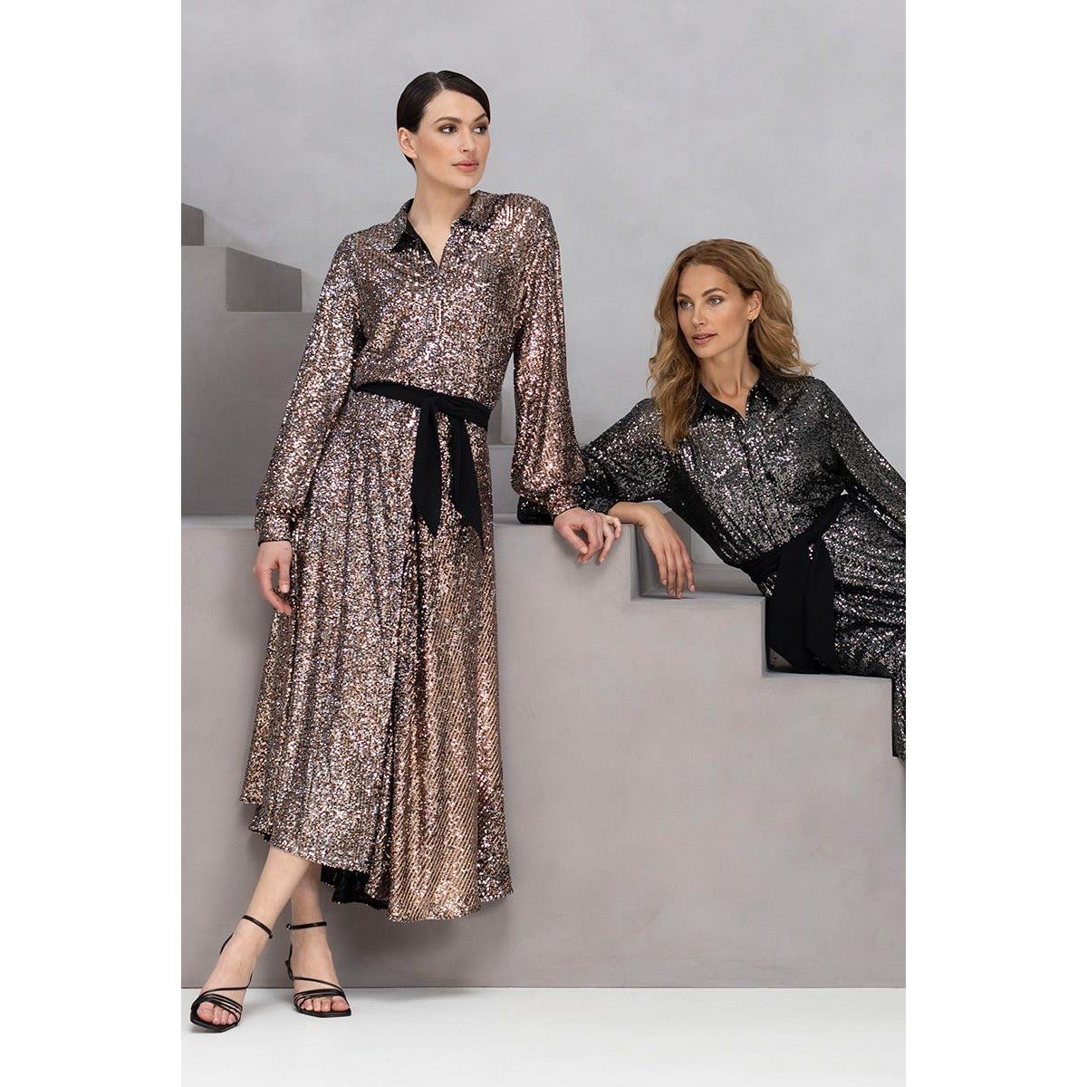 Glitzerndes Pailletten-Hemdblusenkleid in Midi-Länge