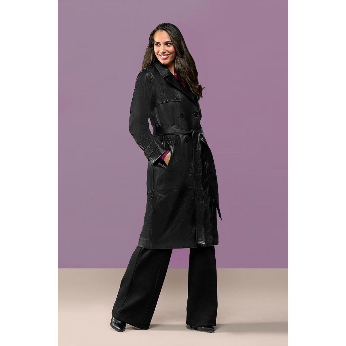 Klassischer zweireihiger Leder-Trenchcoat