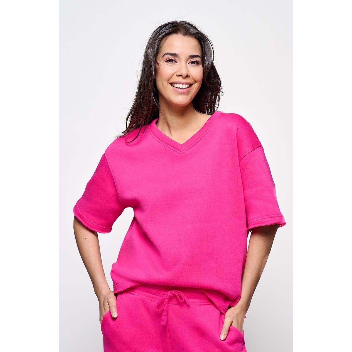 Kurzärmeliges Sweatshirt mit V-Ausschnitt und Stickerei