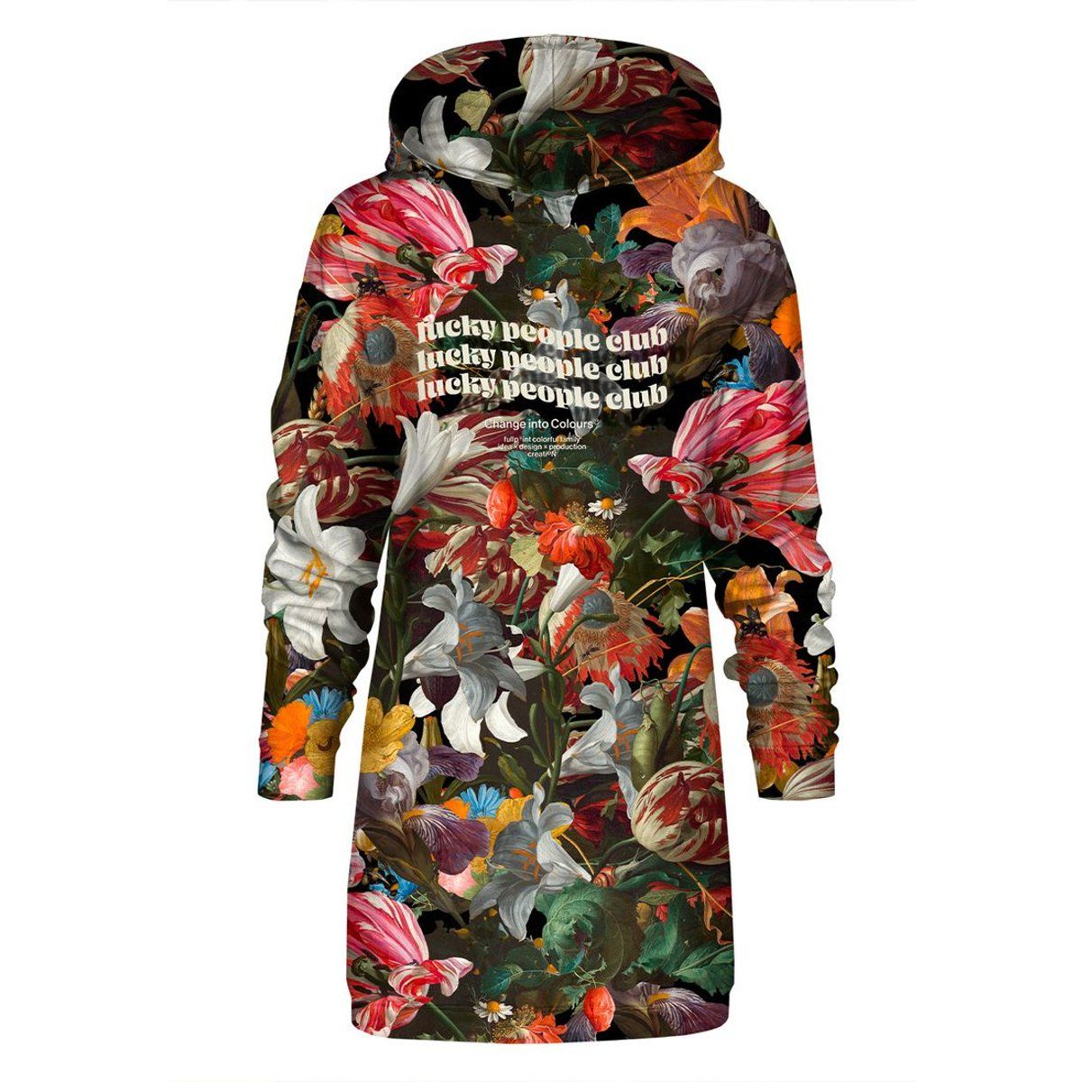 Oversize-Hoodie-Kleid mit floralem Stillleben