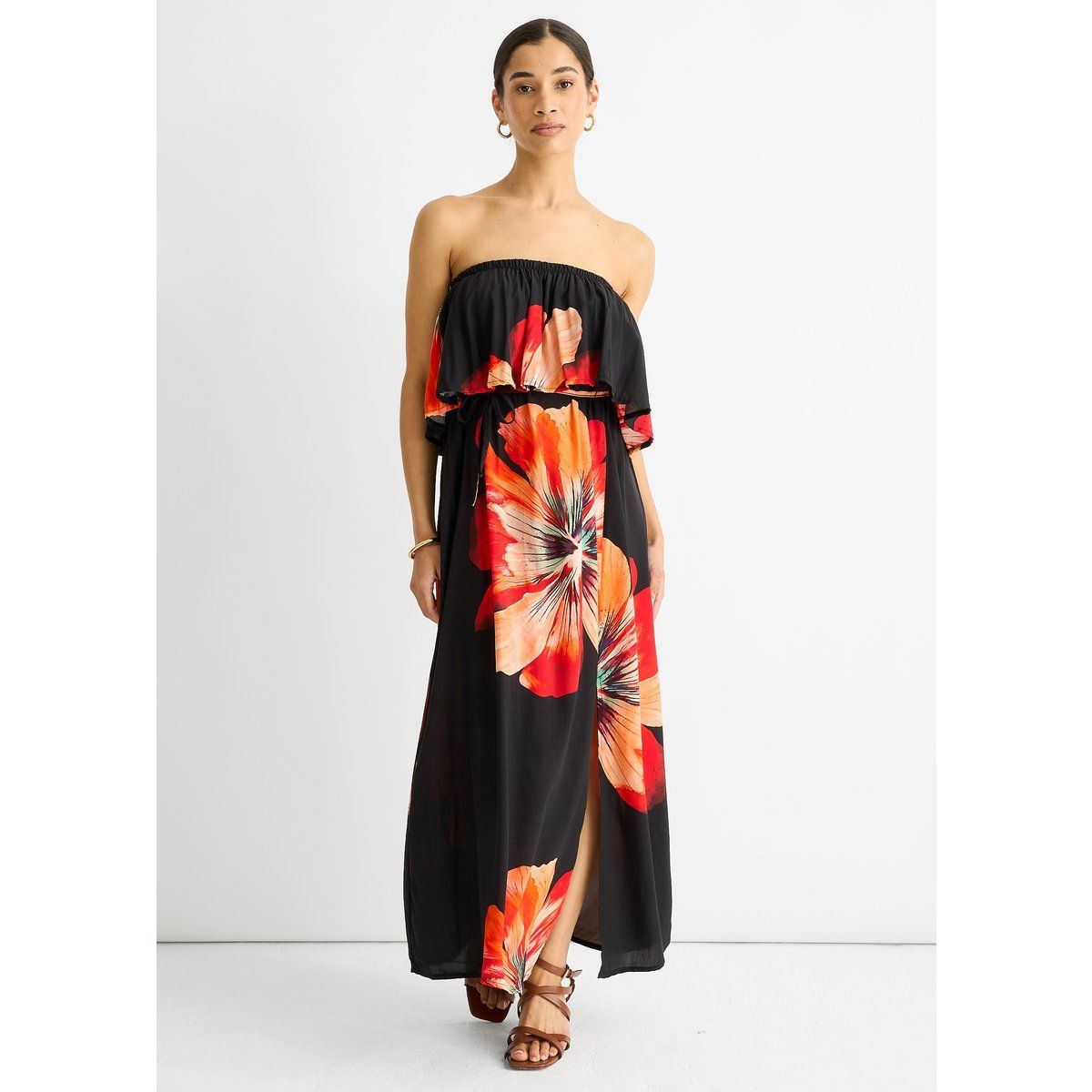 Trägerloses Blumen-Midikleid mit Volant