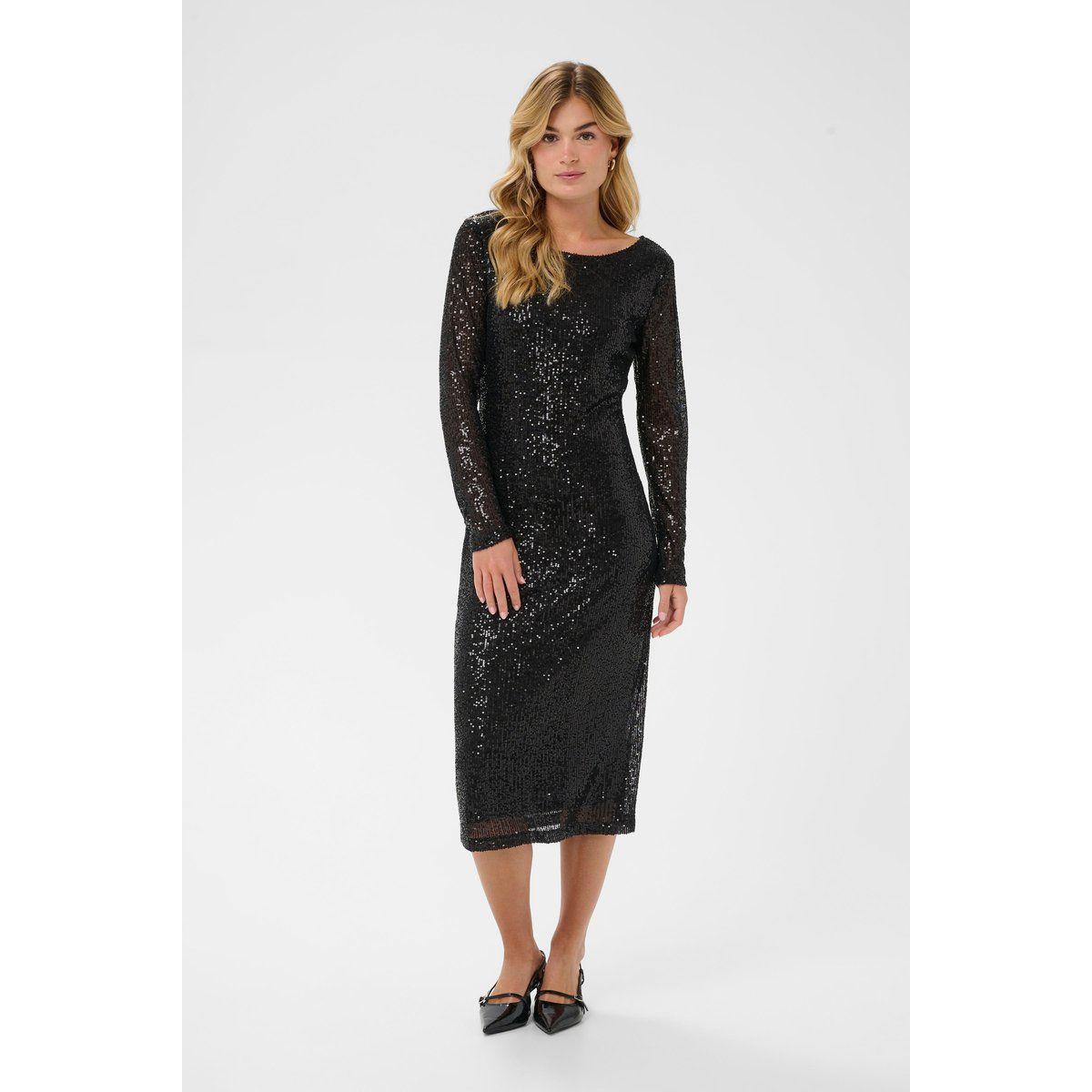 Midikleid mit Pailletten-Besatz und Langarm